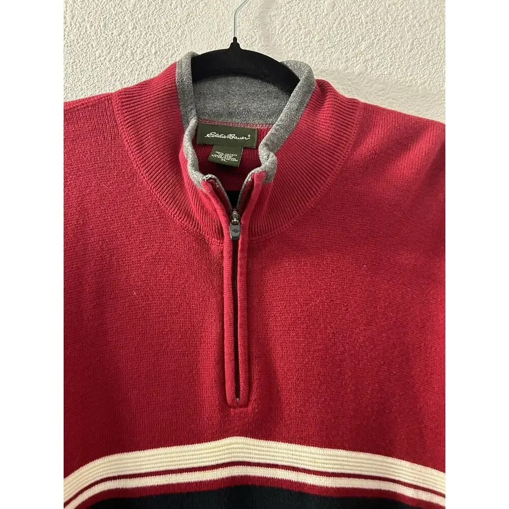 Eddie Bauer Mens Sweater Pullover Long Sleeve 1/4 Zip Red Blue Size XL CabinCore